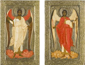 PAAR IKONEN MIT DEM SCHUTZENGEL MIT RIZA - Russian School, 20th Century