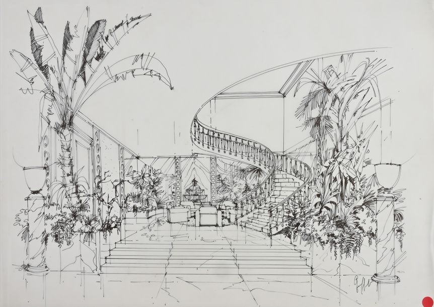 Artwork by Gilles Quiffet, A Parisian apartment - View of the staircase, Made of ink on tracing paper