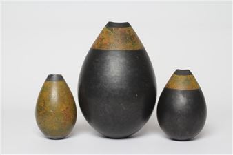 - three raku stoneware ovoid vases with mottled glazes - Andrew Hill