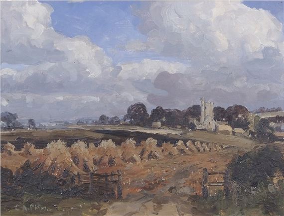 Rural Norfolk landscape overlooking fields and a distant church by Campbell A. Mellon