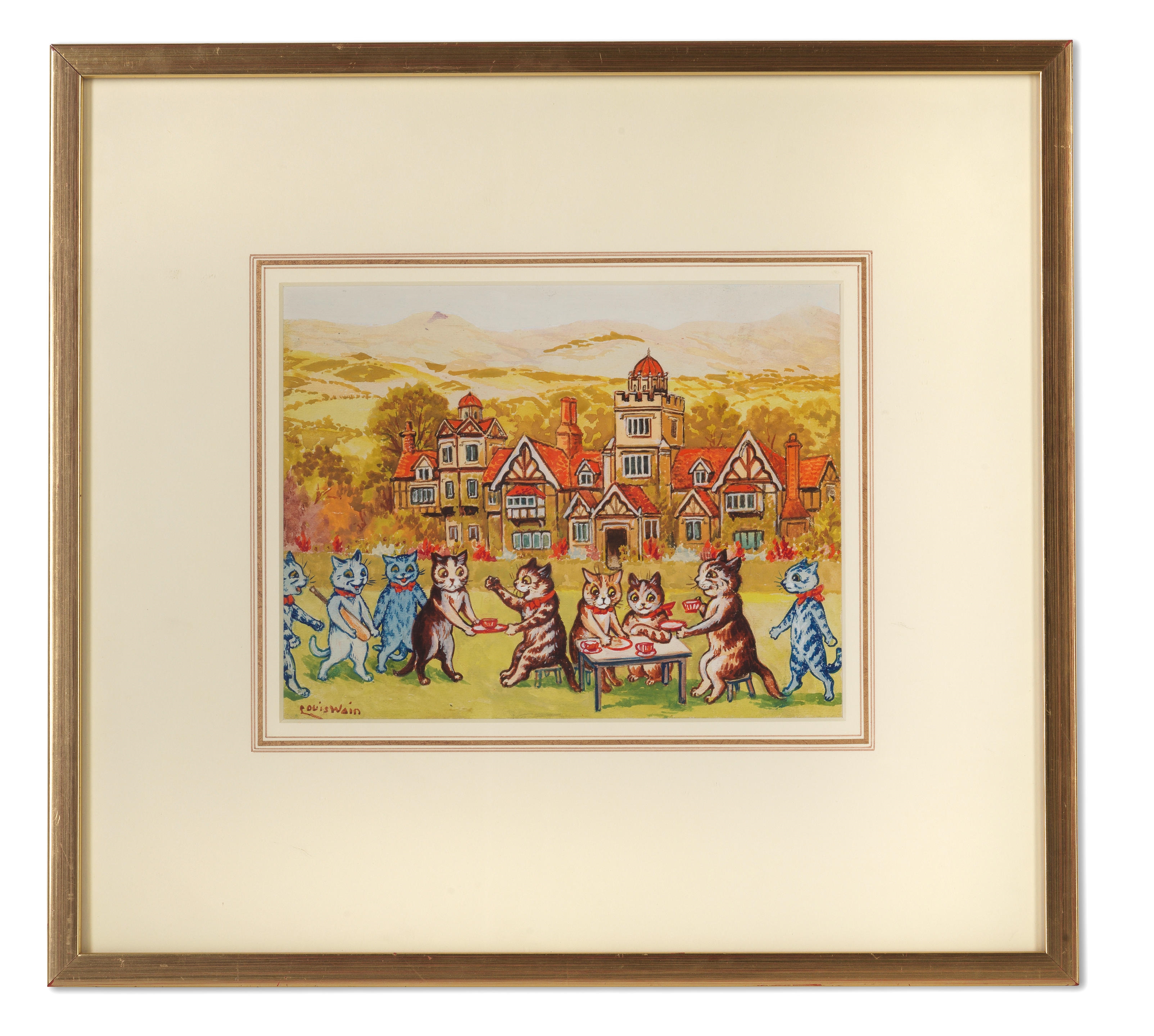 Artwork by Louis Wain, The Tea Party, Made of gouache, watercolour and pencil on paper