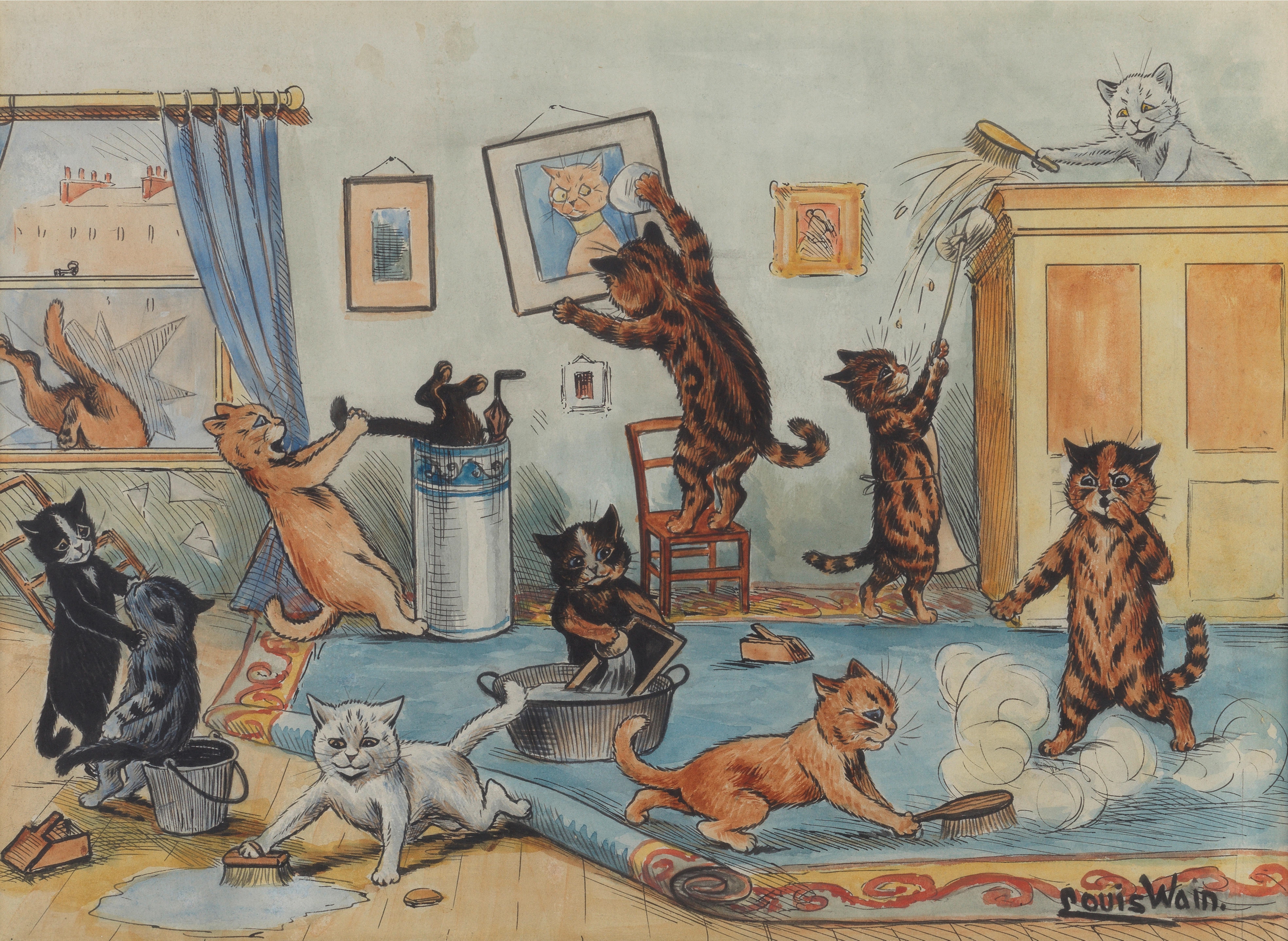 Artwork by Louis Wain, Spring Cleaning, Made of watercolour, pen and ink and ink on paper