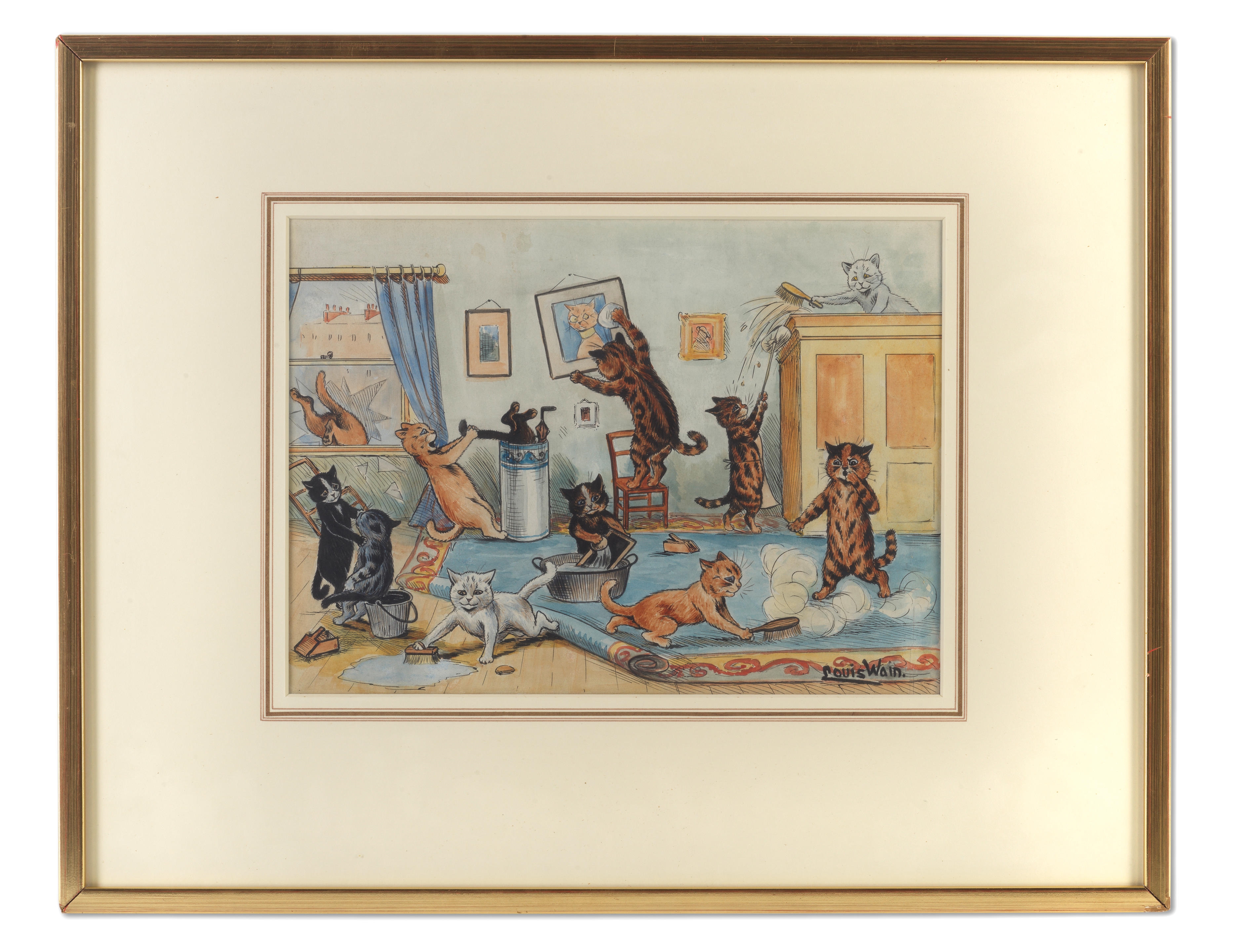 Artwork by Louis Wain, Spring Cleaning, Made of watercolour, pen and ink and ink on paper