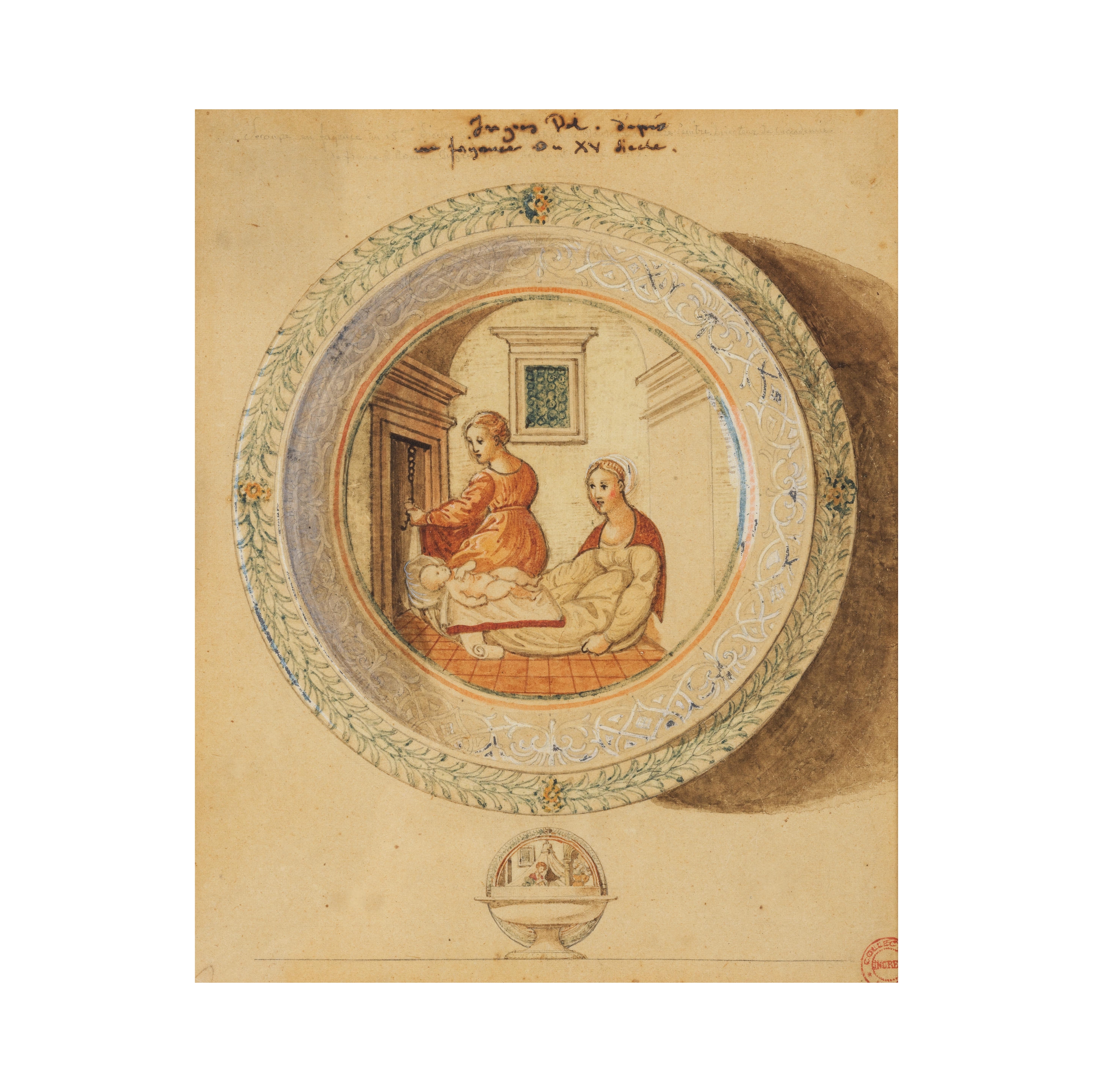 Artwork by Jean-Auguste-Dominique Ingres, Relevé d'une coupe en faïence italienne du XVe siècle figurant une accouchée, Made of black chalk, pen and brown ink, watercolors