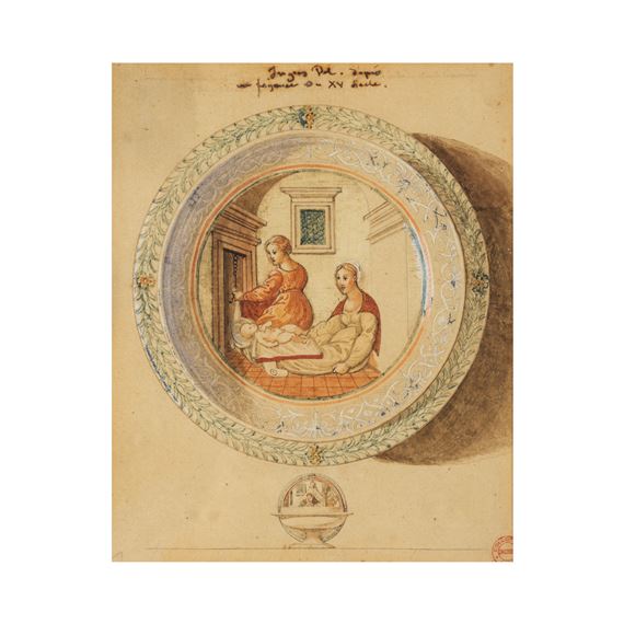 Relevé d'une coupe en faïence italienne du XVe siècle figurant une accouchée by Jean-Auguste-Dominique Ingres