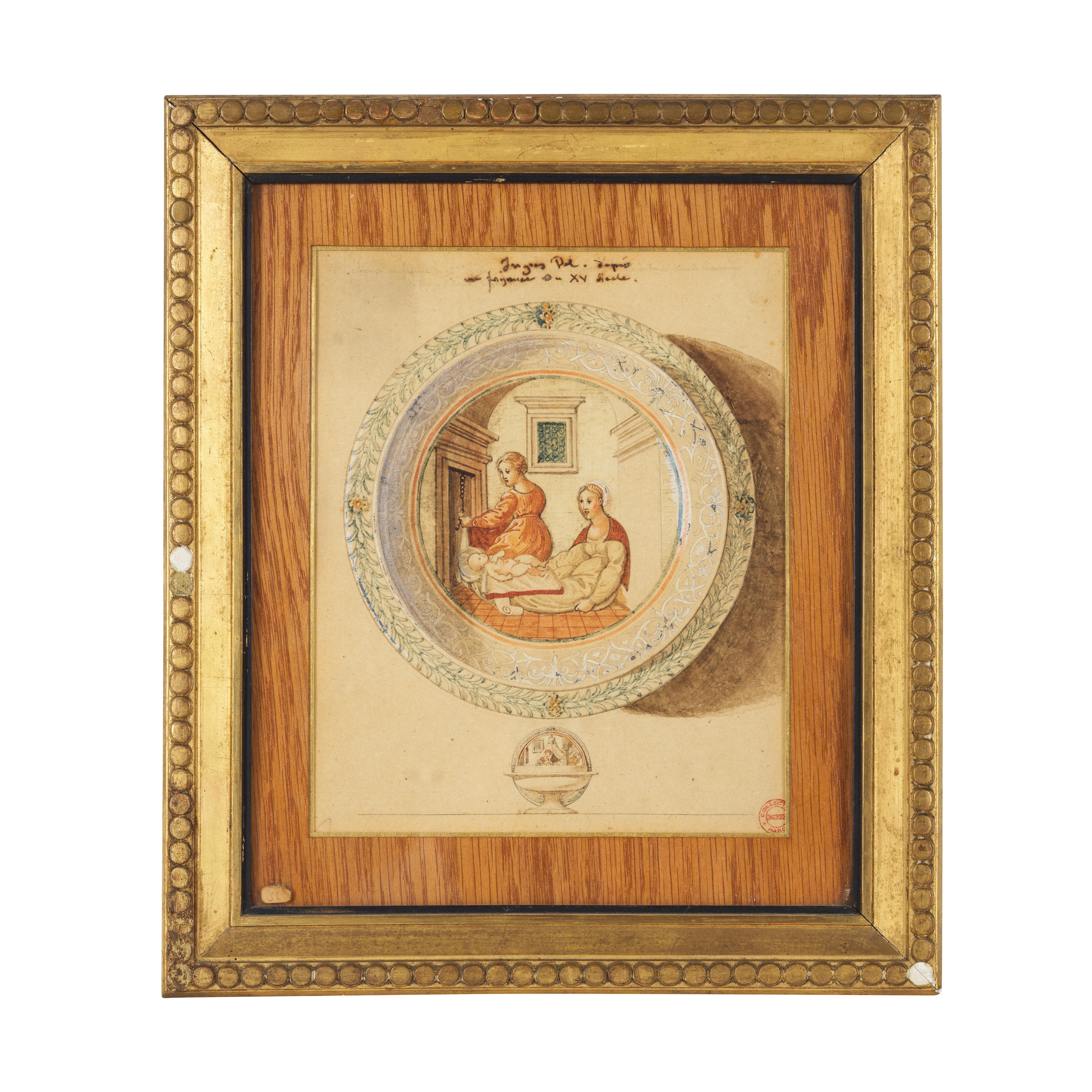 Artwork by Jean-Auguste-Dominique Ingres, Relevé d'une coupe en faïence italienne du XVe siècle figurant une accouchée, Made of black chalk, pen and brown ink, watercolors