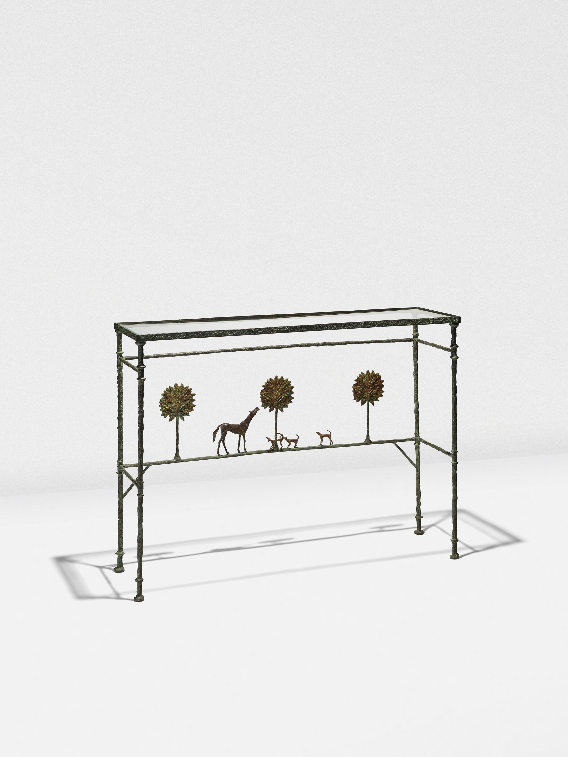 Artwork by Diego Giacometti, Console 'Promenade des Amis', variante, Made of patinated bronze ; glass