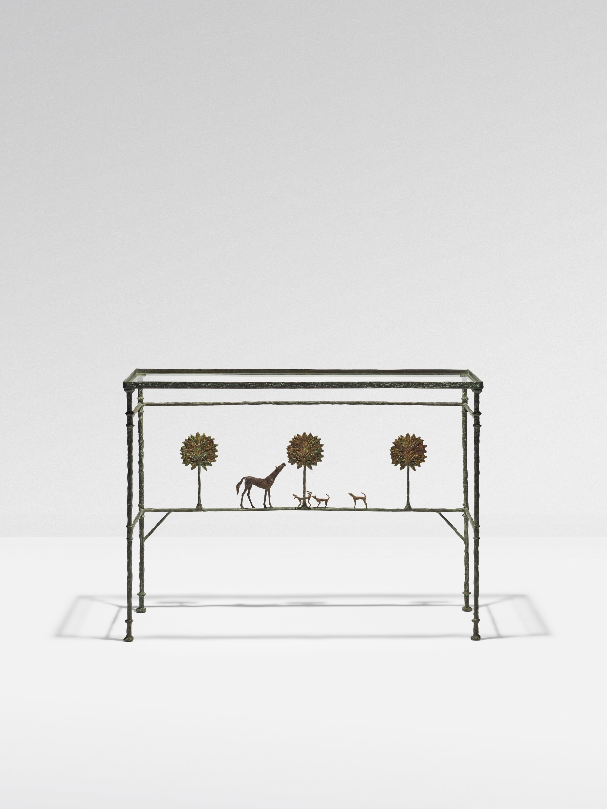 Artwork by Diego Giacometti, Console 'Promenade des Amis', variante, Made of patinated bronze ; glass