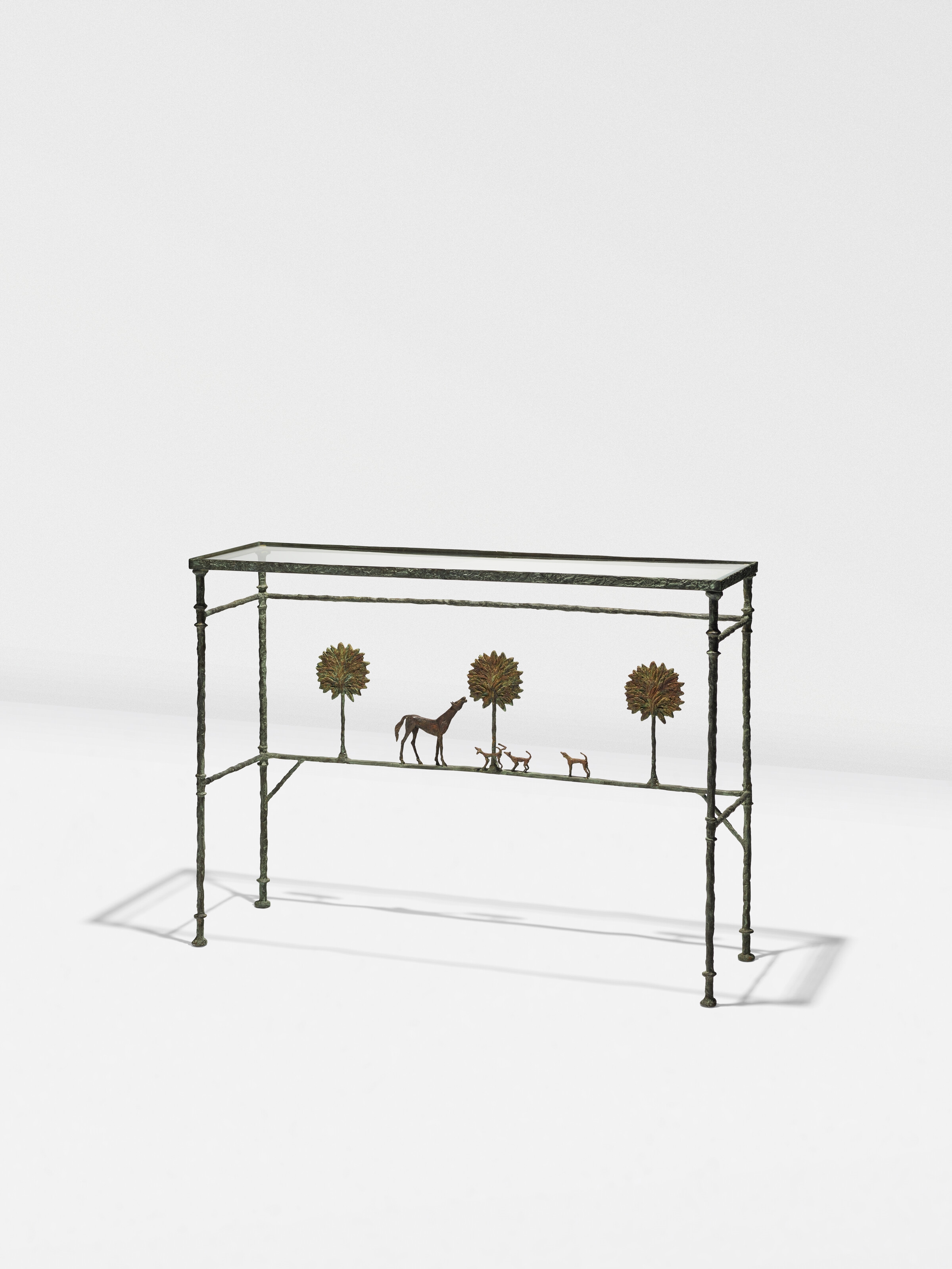 Artwork by Diego Giacometti, Console 'Promenade des Amis', variante, Made of patinated bronze ; glass