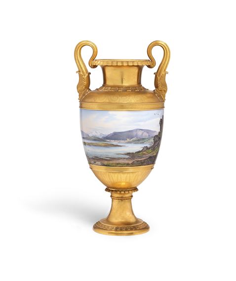 Topographical vase with a continuous landscape scene depicting Bessatadir in Iceland - Gustav Friederich Hetsch