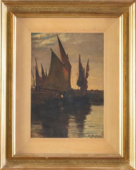 Mario De Maria (Bologna 1852 - 1924). Barche in controluce a Chioggia. Cm. 30x20. Olio su cartone. Firmato in basso a destra M. DE MARIA. Al verso cartiglio con numeri di collezione. Al verso autentica su foto a firma Antonio Parronchi by Mario de Maria, 1982