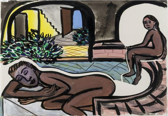 220Eileen Cooper (b.1953)&#10;Nudes by a Pool&#10;Brush and ink with watercolour and collage on paper, 2010, signed and dated in pencil, the full sheet 290 x 375mm (11 1/2 x 14 3/4in) by Eileen Cooper, 2010