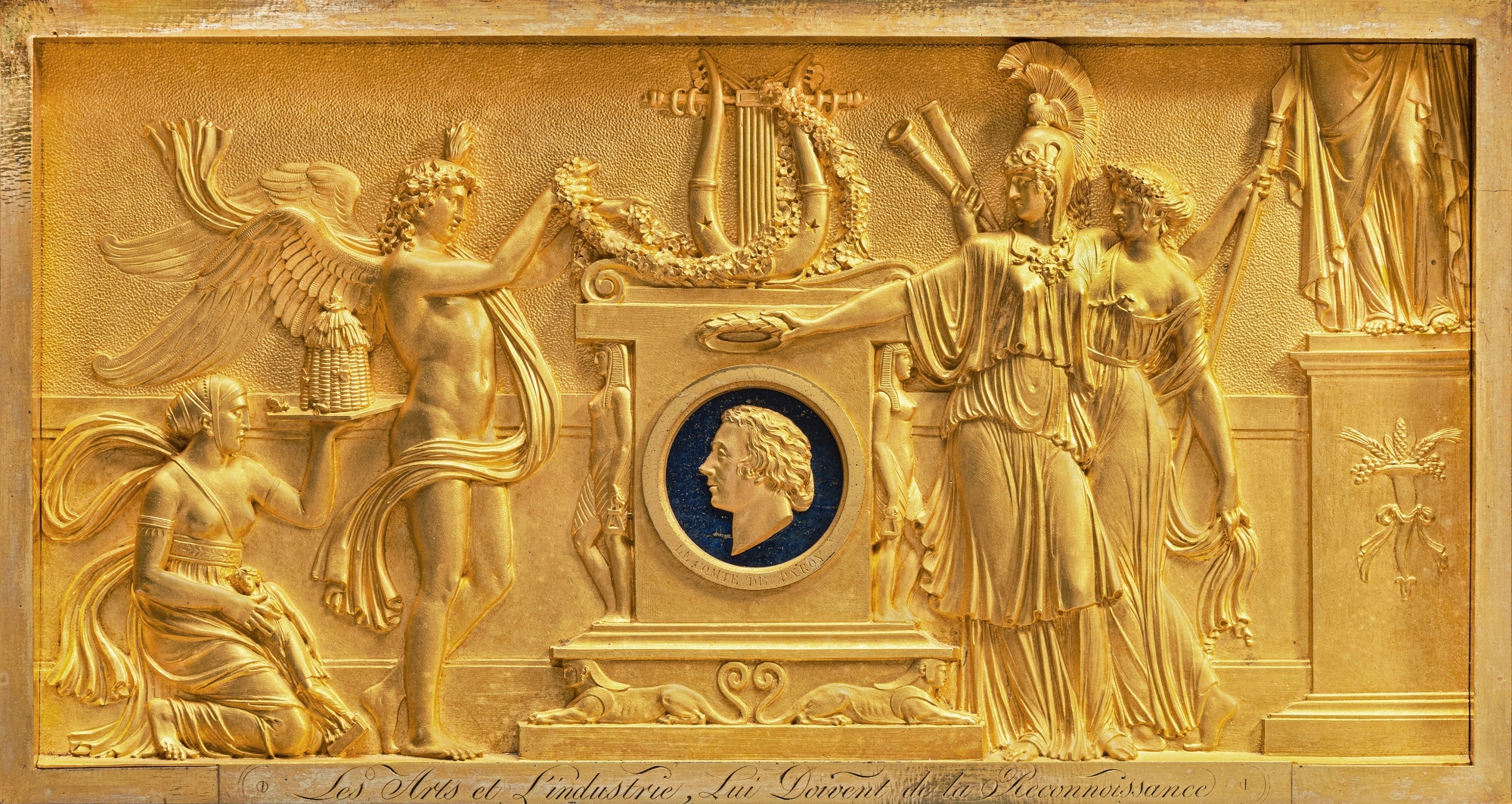Artwork by Lucien-françois Feuchère, Relief with an Homage to the Comte de Paroy (1740 - 1824), Made of gilt bronze and lapis lazuli, in an ebonized wood frame