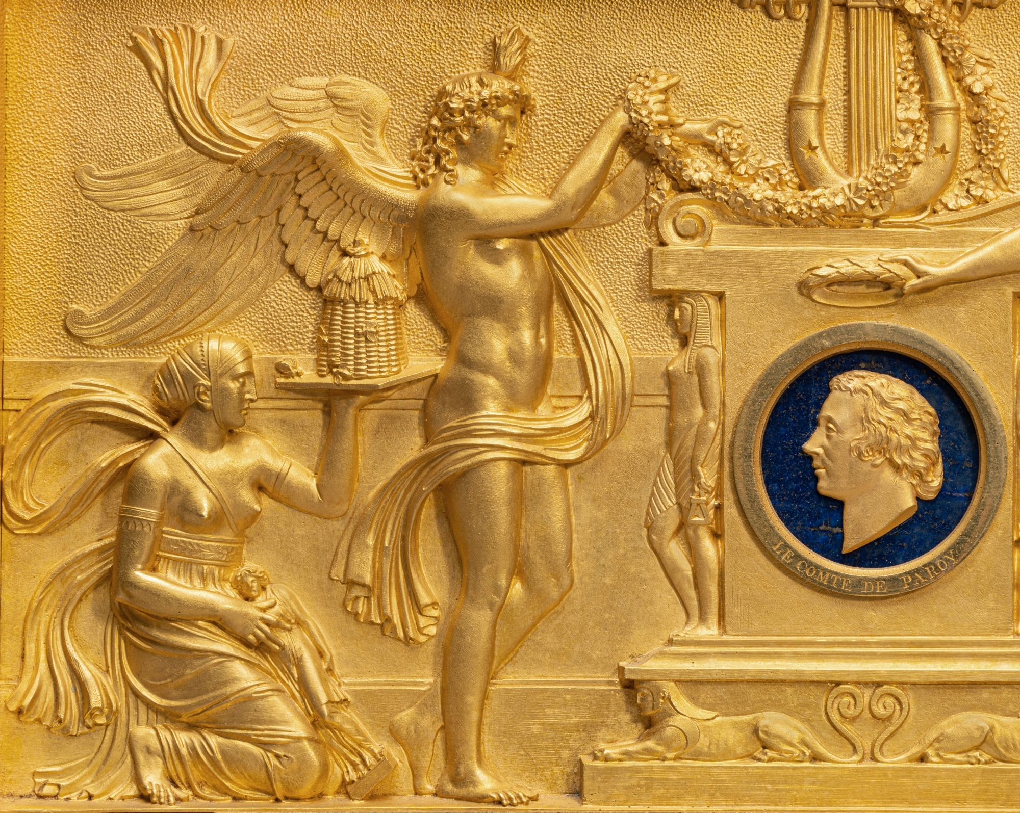 Artwork by Lucien-françois Feuchère, Relief with an Homage to the Comte de Paroy (1740 - 1824), Made of gilt bronze and lapis lazuli, in an ebonized wood frame