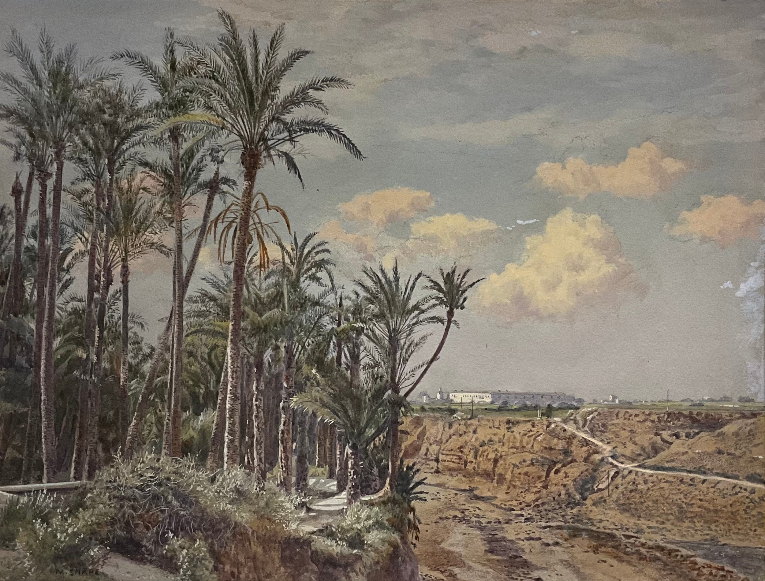 Artwork by Martin Snape, The Dry River, Middle Eastern Landscape with Palm Trees, Made of watercolour