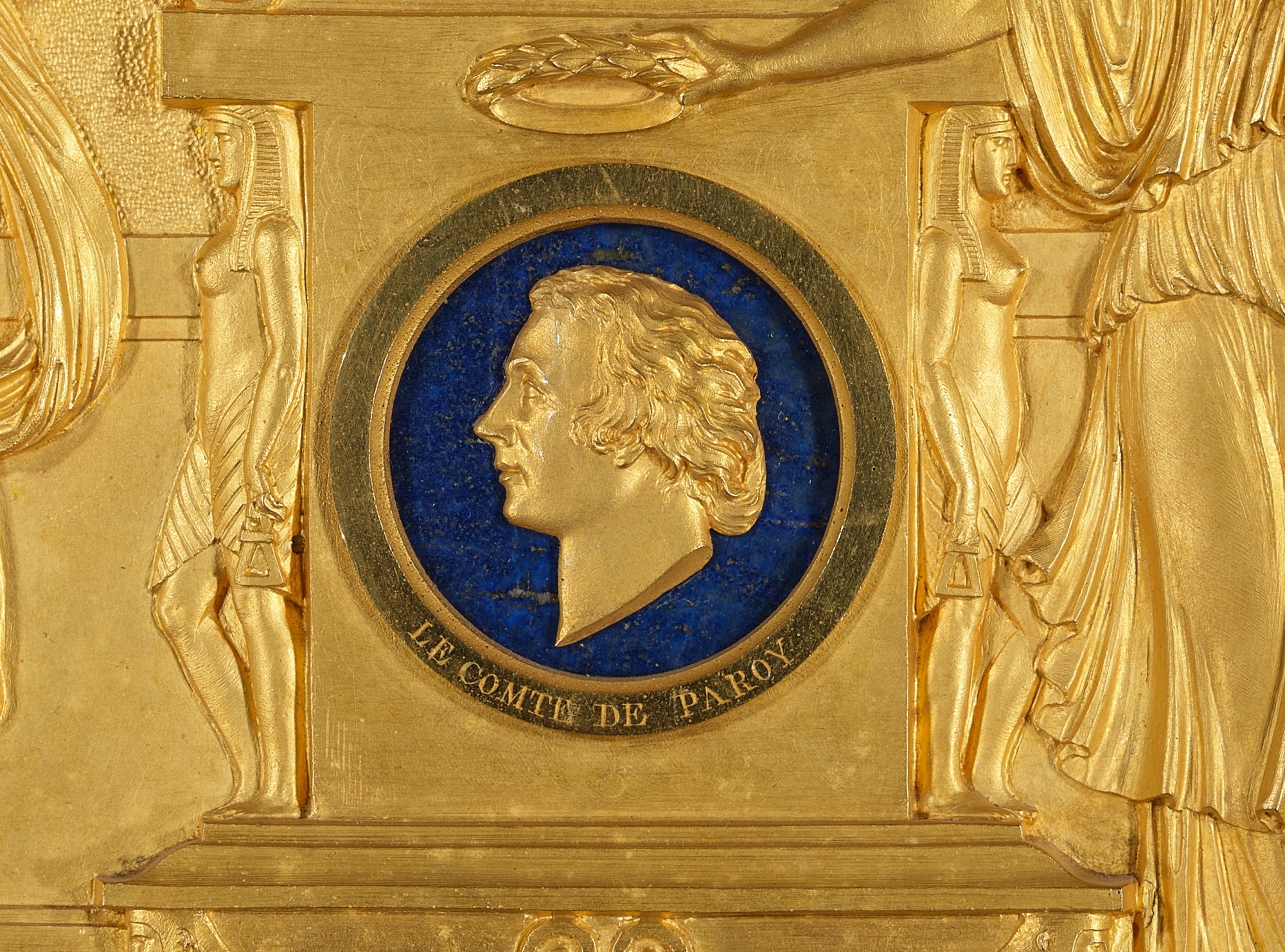 Artwork by Lucien-françois Feuchère, Relief with an Homage to the Comte de Paroy (1740 - 1824), Made of gilt bronze and lapis lazuli, in an ebonized wood frame