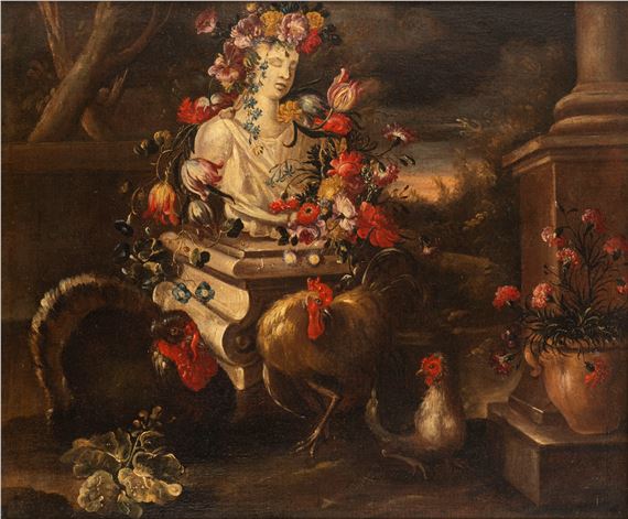Still life with farmyard animals and marble bust adorned with flowers, en plein air by Nicola Casissa
