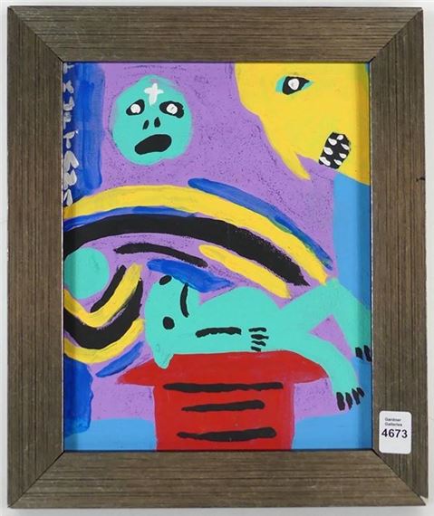A colorful abstract painting featuring a surreal scene with floating figures and bold shapes.