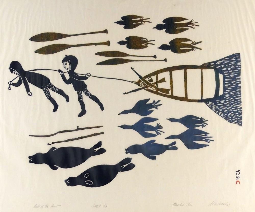 Artwork by Eleeshushe Parr, End of the Hunt, Made of stonecut print in colours
