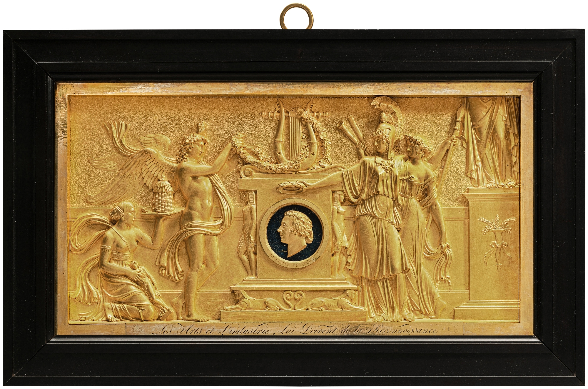 Artwork by Lucien-françois Feuchère, Relief with an Homage to the Comte de Paroy (1740 - 1824), Made of gilt bronze and lapis lazuli, in an ebonized wood frame