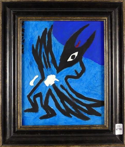 A bold, black silhouette of a bird-like figure against a textured blue background.