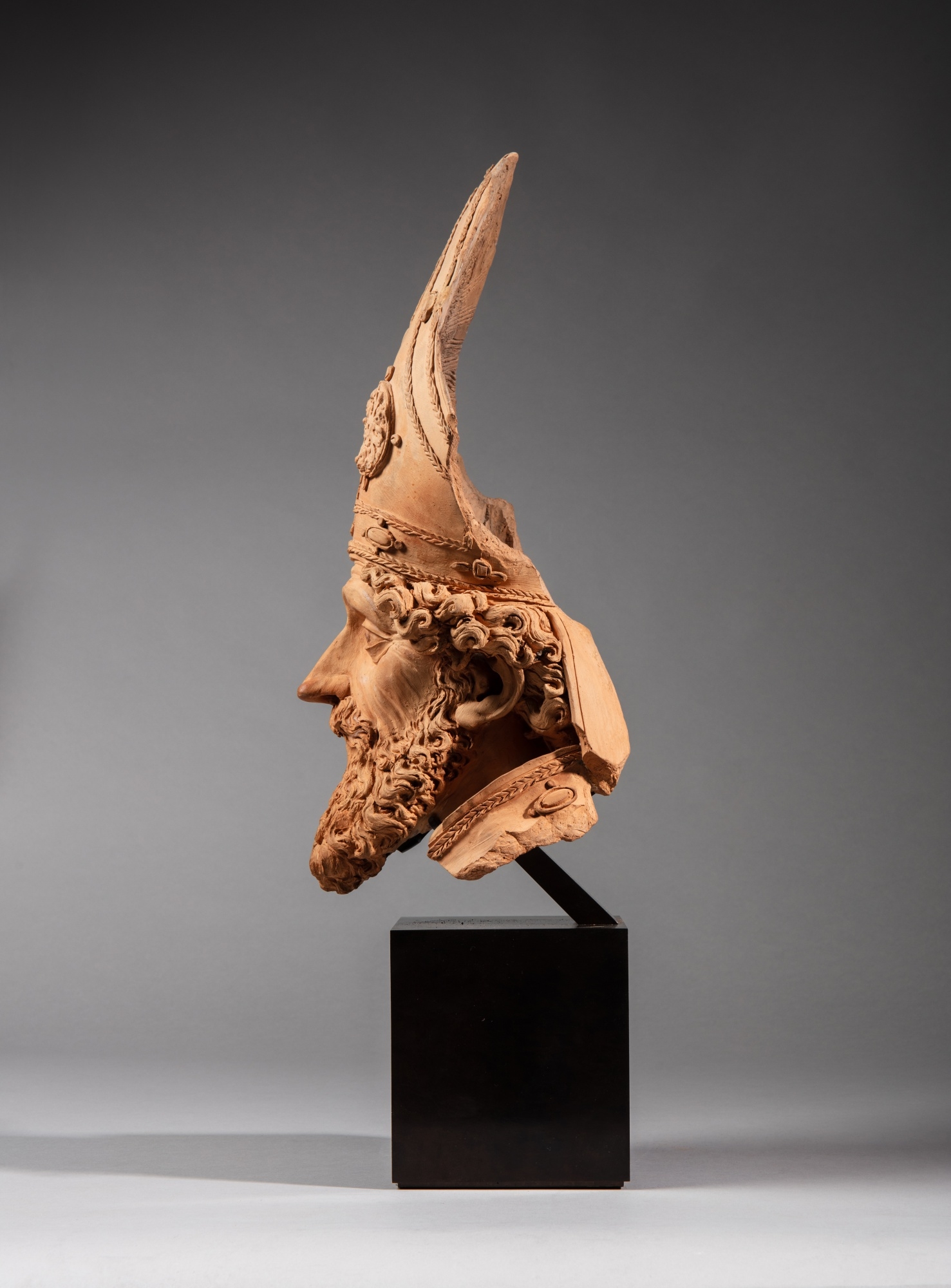 Artwork by Antonio Begarelli, Head of a Bishop, Made of terracotta on a modern metallic stand