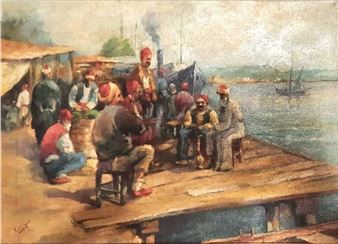 A group of figures gather on a wooden pier by the water, rendered in soft, impressionistic brushstrokes.