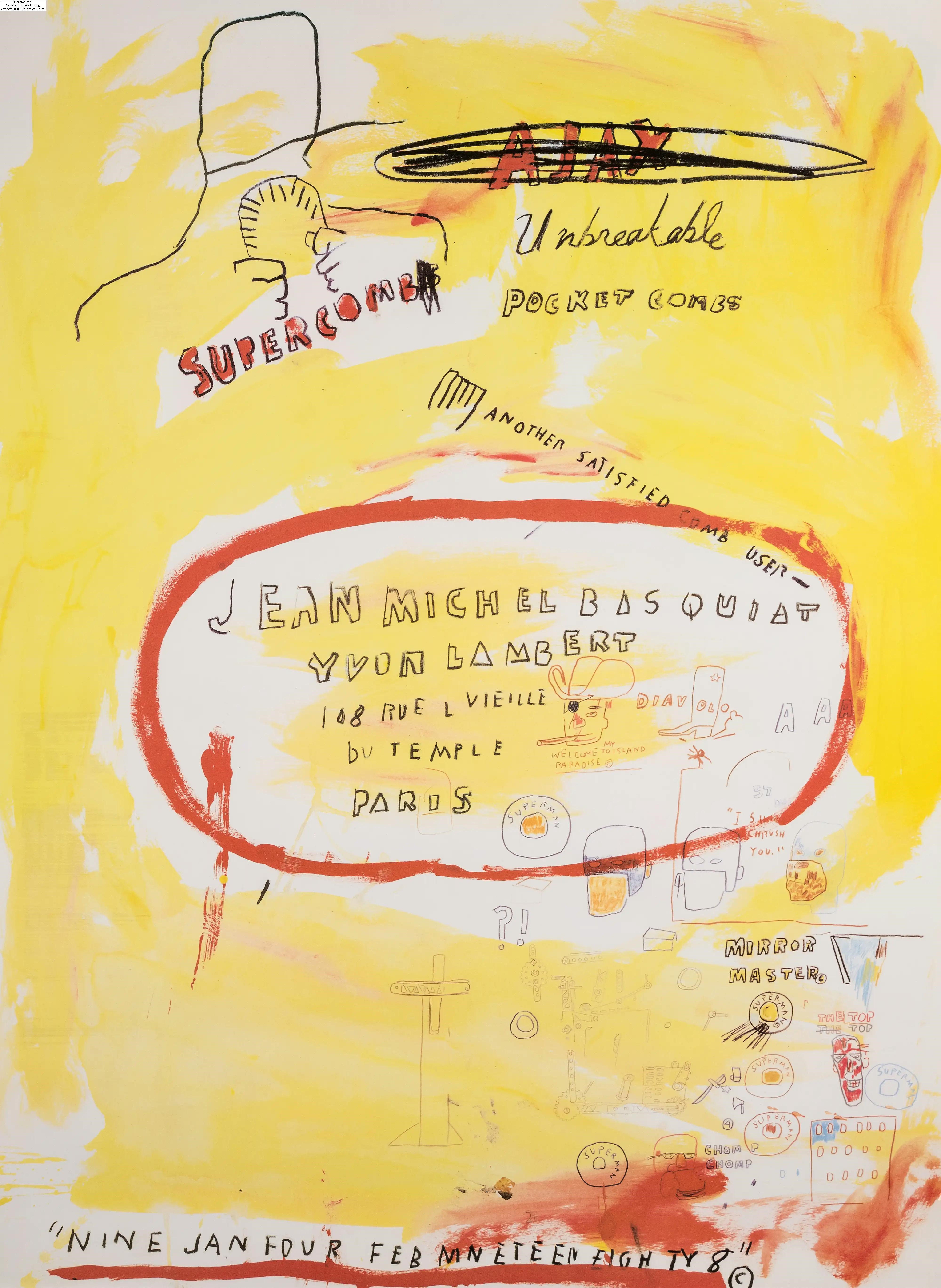 Artwork by Jean-Michel Basquiat, 156
	
		Jean-Michel Basquiat (1960-1988) after.
		Supercomb 1988
		Offset lithograph printed in colours, 2021, from the second edition of unknown size, published by Yvon Lambert Gallery, Paris, on smooth wove paper, the full sheet printed to the edges, sheet 729 x 521mm (28 3/4 x 20 1/2in) 

	

, Made of Offset lithograph printed in colours