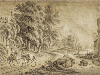 Reisende zu Pferd in einer Flusslandschaft - Johann Jakob Rieger