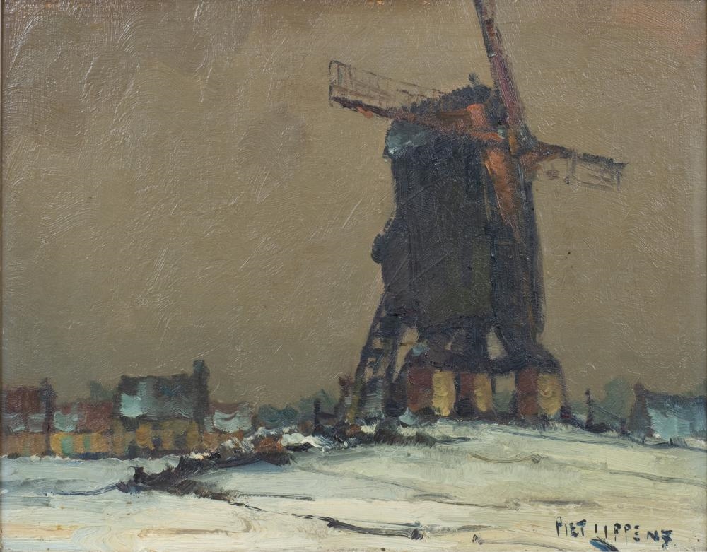 Artwork by Piet Lippens, Landscape With Mill, Made of oil on panel