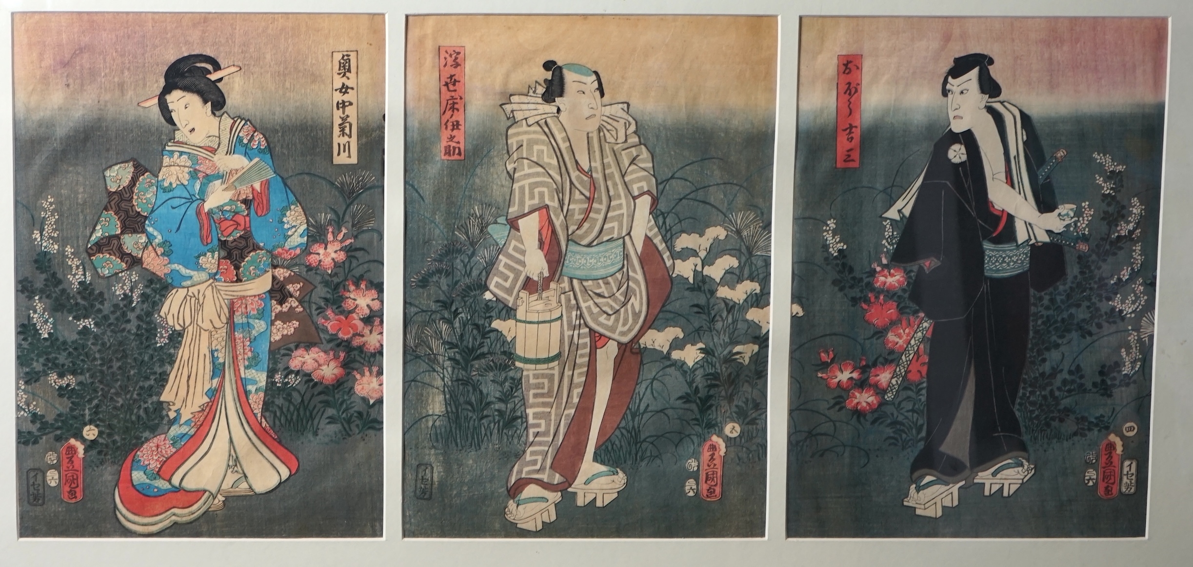 Utagawa Kunisada | Three actors standing in gardens | MutualArt