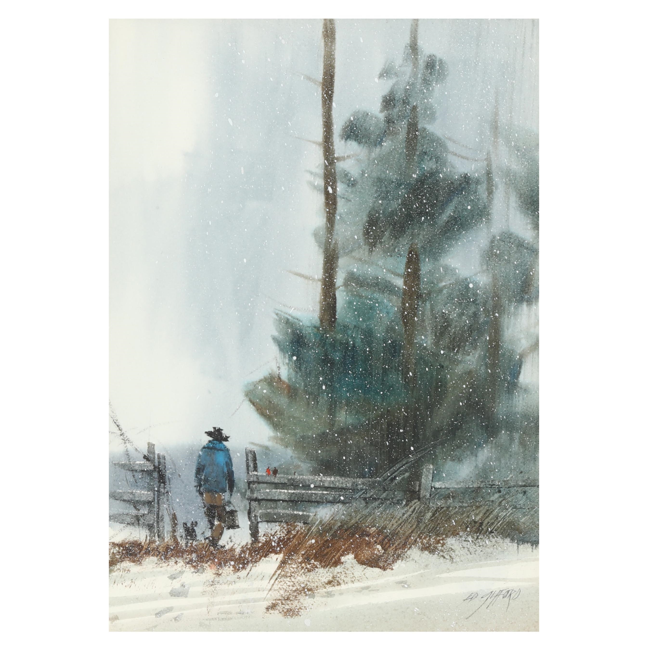 Artwork by Edward C. Gifford, Untitled (Man in Snow, Made of Watercolor and gouache on paper