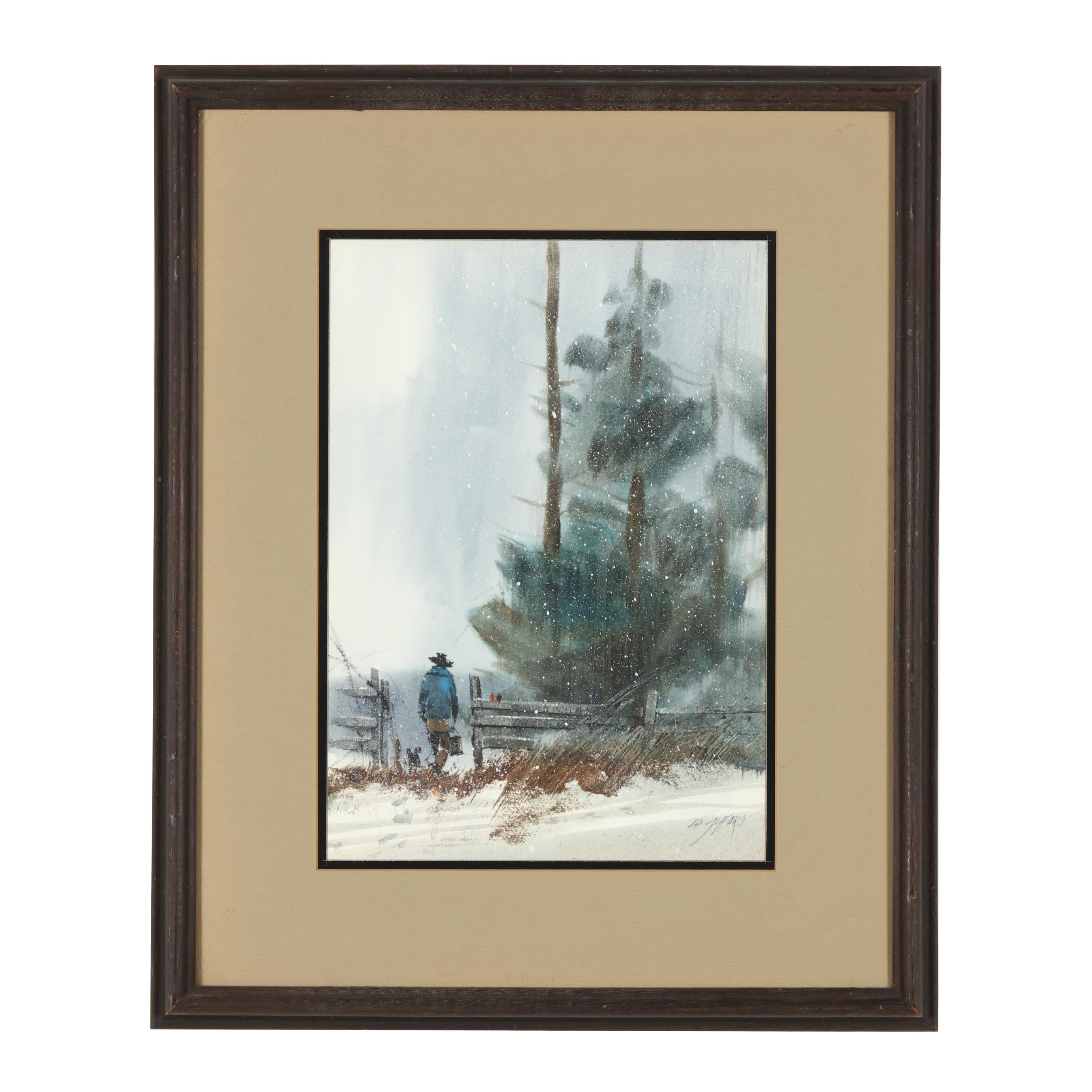 Artwork by Edward C. Gifford, Untitled (Man in Snow, Made of Watercolor and gouache on paper