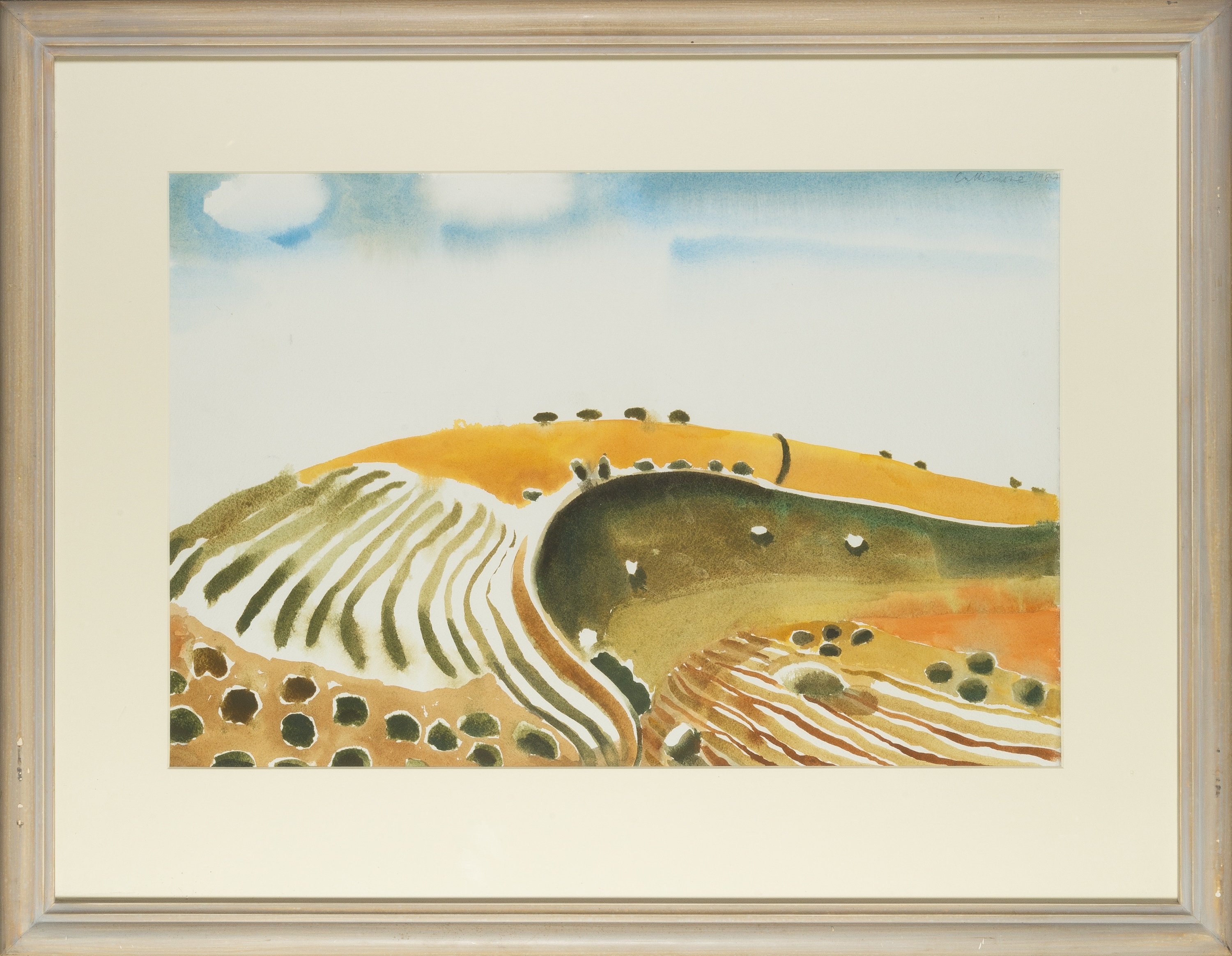 Artwork by Michael Cullimore, Trees, Ploughed and Planted Field, 1987, Made of watercolour