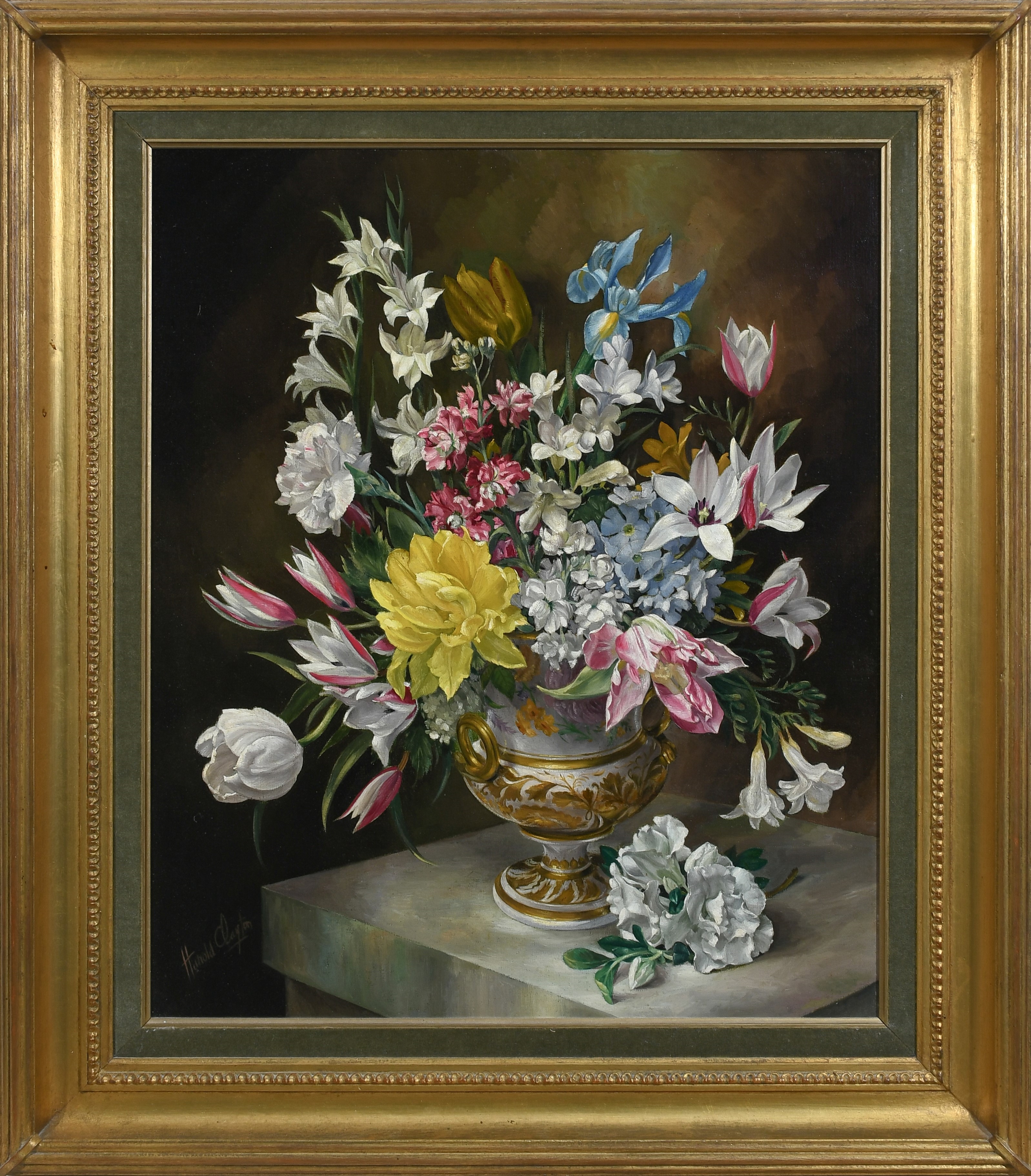 Harold Clayton | Still life with flowers in a vase on a marble plinth ...