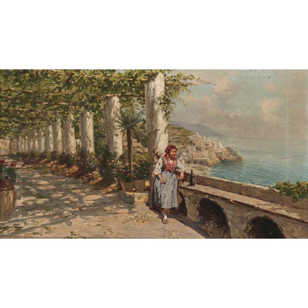 Artwork by Michele Ciardiello, Young woman in a pergola in front of an Italian coastal landscape, Made of Oil auf canvas