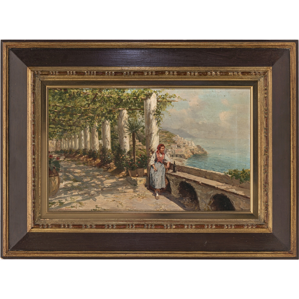Artwork by Michele Ciardiello, Young woman in a pergola in front of an Italian coastal landscape, Made of Oil auf canvas