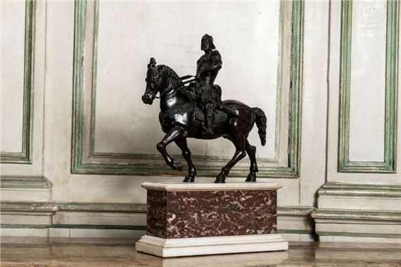 after Equestrian statue of the Condotiere Bartolommeo Colleoni Proof in  with brown patina on a royal red marble base Italy by Andrea del Verrocchio, Late 19th century