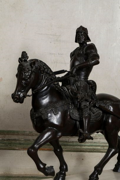 Artwork by Andrea del Verrocchio, after Equestrian statue of the Condotiere Bartolommeo Colleoni Proof in  with brown patina on a royal red marble base Italy, Made of bronze