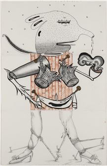 Ink and graphite, dated 1993 on verso. Abstract three-part figure, framed. - Cassandra Lozano