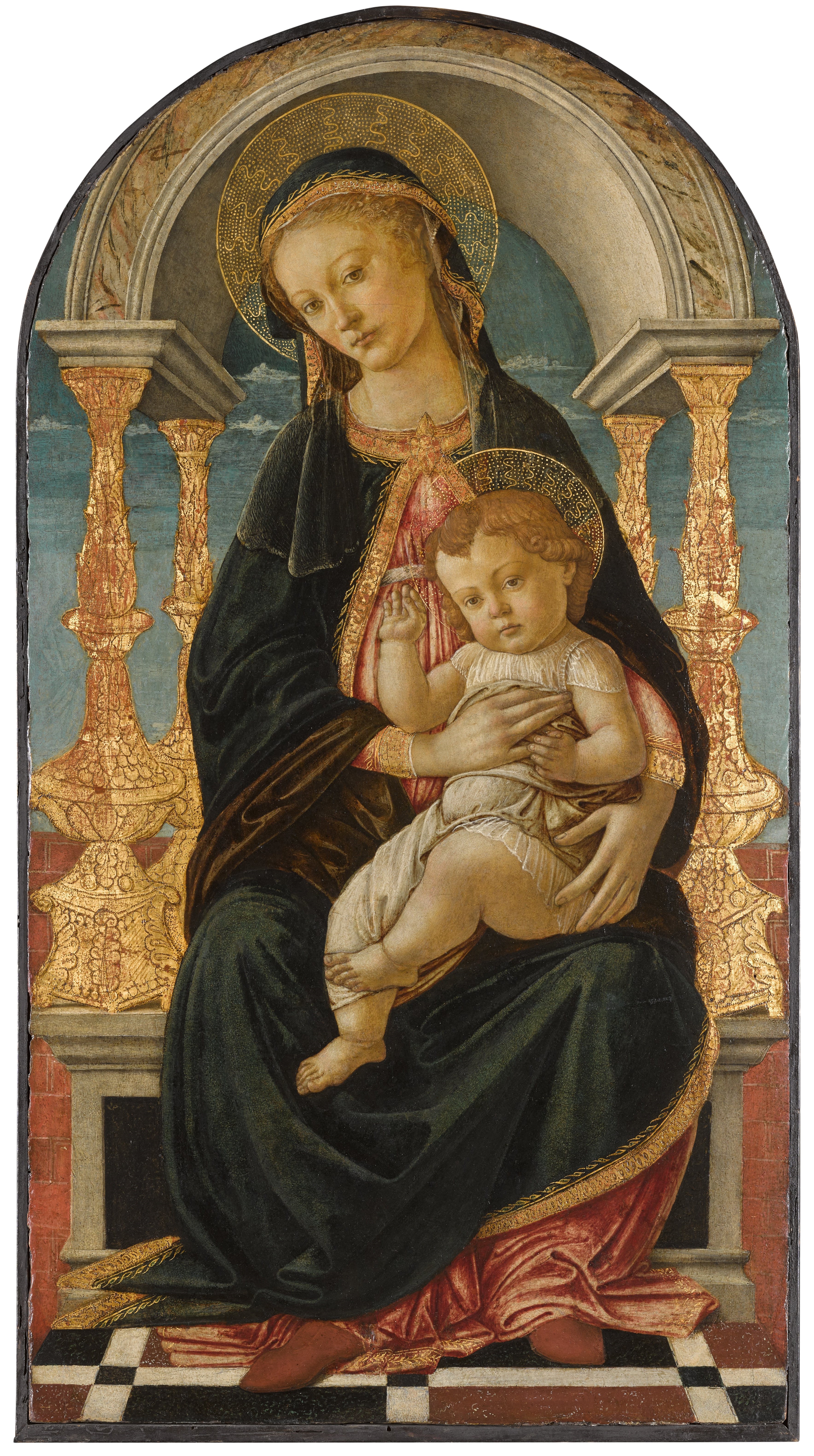 Artwork by Sandro Botticelli, The Virgin and Child enthroned, Made of mixed media with gilding on panel, arched top