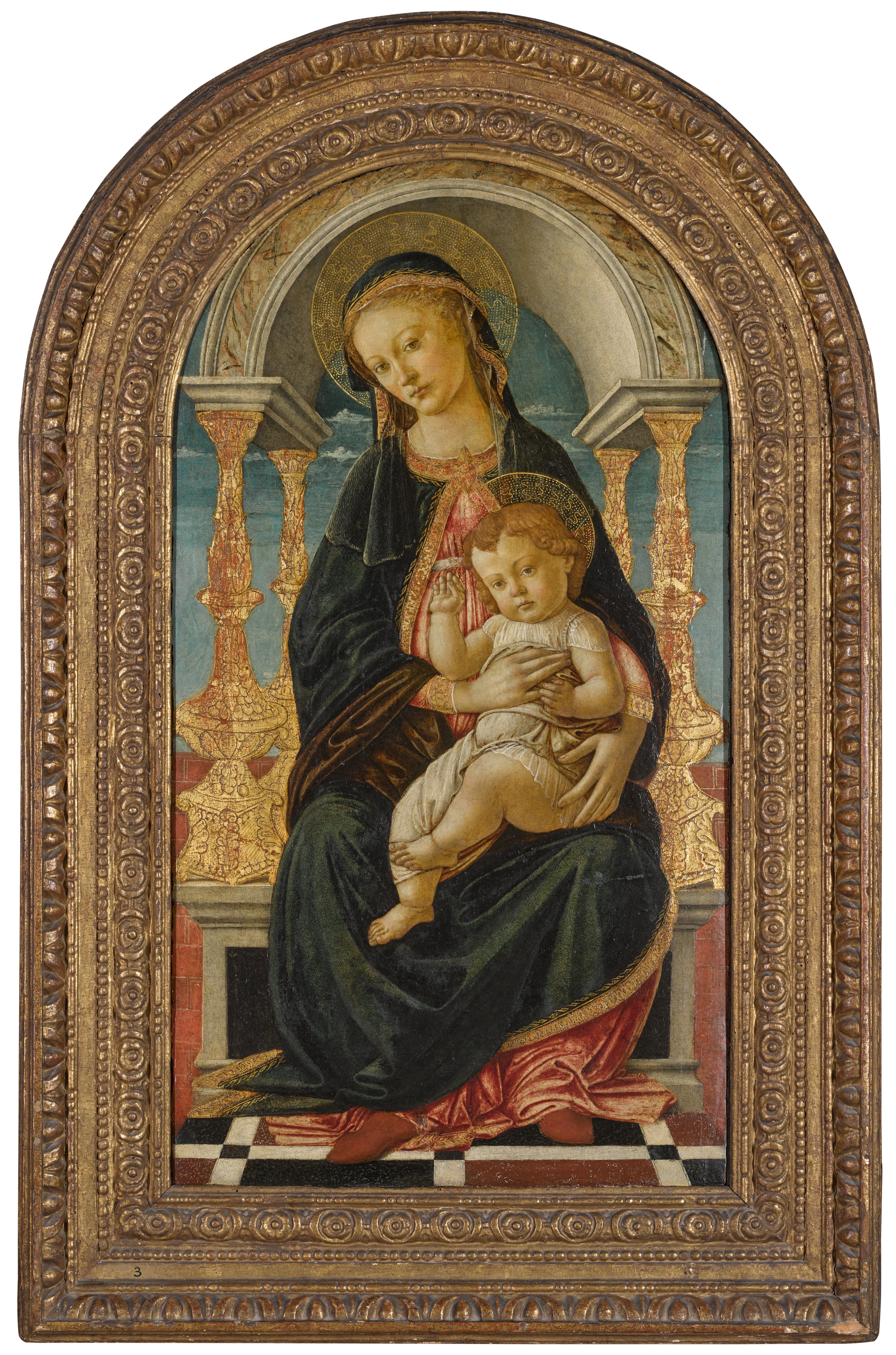 Artwork by Sandro Botticelli, The Virgin and Child enthroned, Made of mixed media with gilding on panel, arched top
