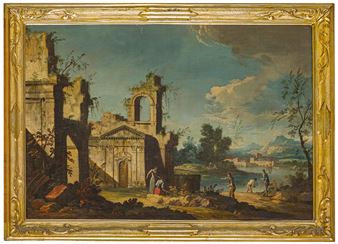 Veduta lacustre con pescatori e rovine classiche - Gaetano Vetturali