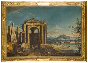 Veduta lacustre con barche, rovine classiche e figure - Gaetano Vetturali