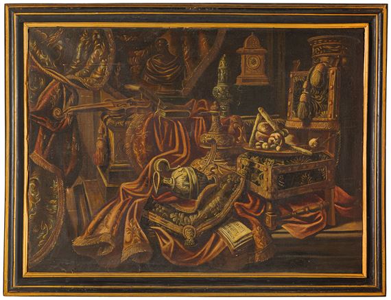Natura morta con tessuti, versatóio, scultura, orologio e alzata con dolci by Antonio Tibaldi