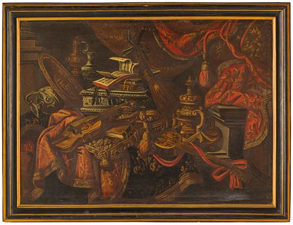Natura morta con tessuti, strumenti musicali, spartito e libri by Antonio Tibaldi
