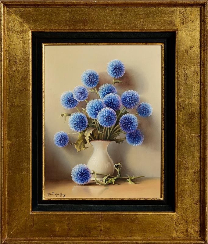 Artwork by Robert Chailloux, Still Life - Blue Thistles, Chardon Bleus, Made of oil on board