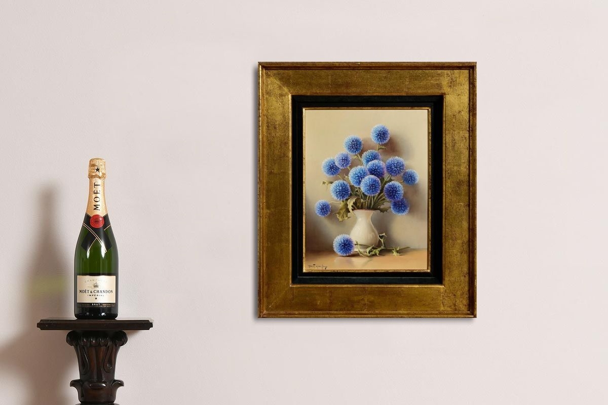 Artwork by Robert Chailloux, Still Life - Blue Thistles, Chardon Bleus, Made of oil on board