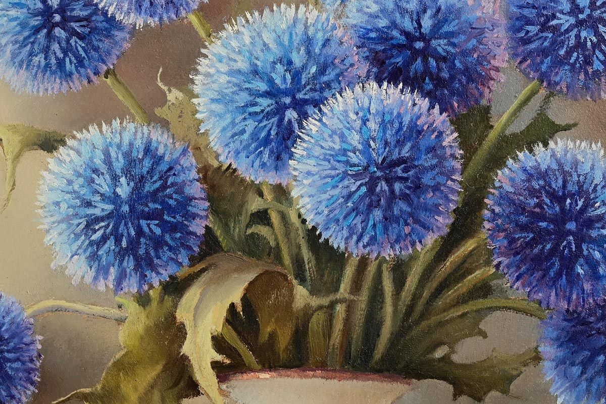 Artwork by Robert Chailloux, Still Life - Blue Thistles, Chardon Bleus, Made of oil on board