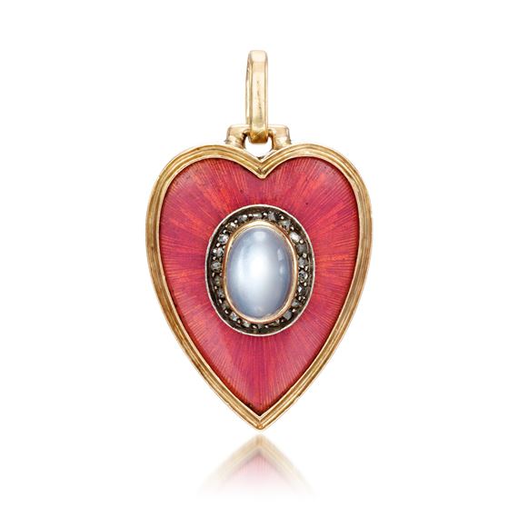 A Fabergé jewelled moonstone, gold and guilloché enamel pendant, workmaster Oskar Pihl, Moscow - Oskar Pihl